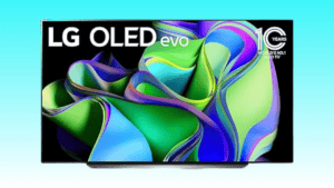 A TV screen displaying "LG OLED evo" and "10 Years World's No.1 OLED TV" with a colorful abstract design in the center, showcasing the stunning visuals of the 83-inch LG C3 Series 4K TV.