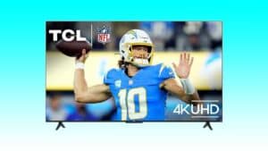A 50-inch flat-screen TV displays an image of a football player in action, labeled with TCL and 4K UHD logos and an NFL emblem. Perfect for home movies, now available at a 33% reduction.