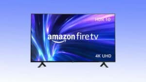 Amazon Fire TV with HDR 10 and 4K UHD resolution displayed on a screen with a vibrant, blue abstract background offers an unbeatable TV deal.
